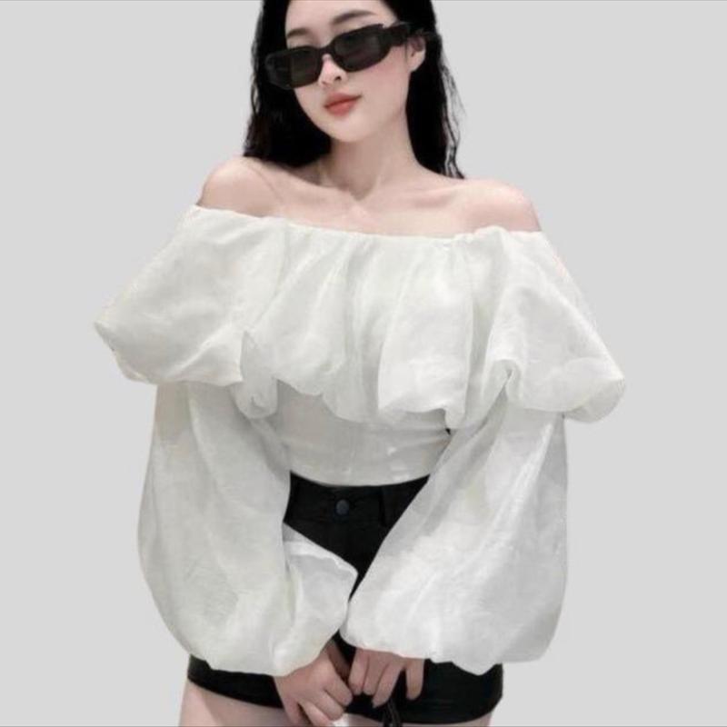 Áo Trễ Vai Voan Tay Bồng Ôm Body Tôn Dáng Cho Nữ, Chất Voan Pha Tăm, Freesize Women Top Màu Trắng Dài Tay  Shirt