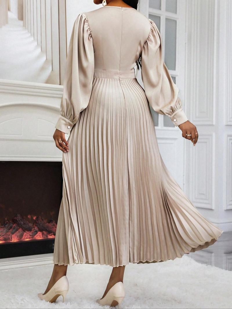 Product Introduction of Women's Plain Ruched Pleated A Line Dress, Elegant Bishop Sleeve Round Neck Long Dress for Party Holiday Wedding Guest, Ladies Spring & Fall Clothes 3