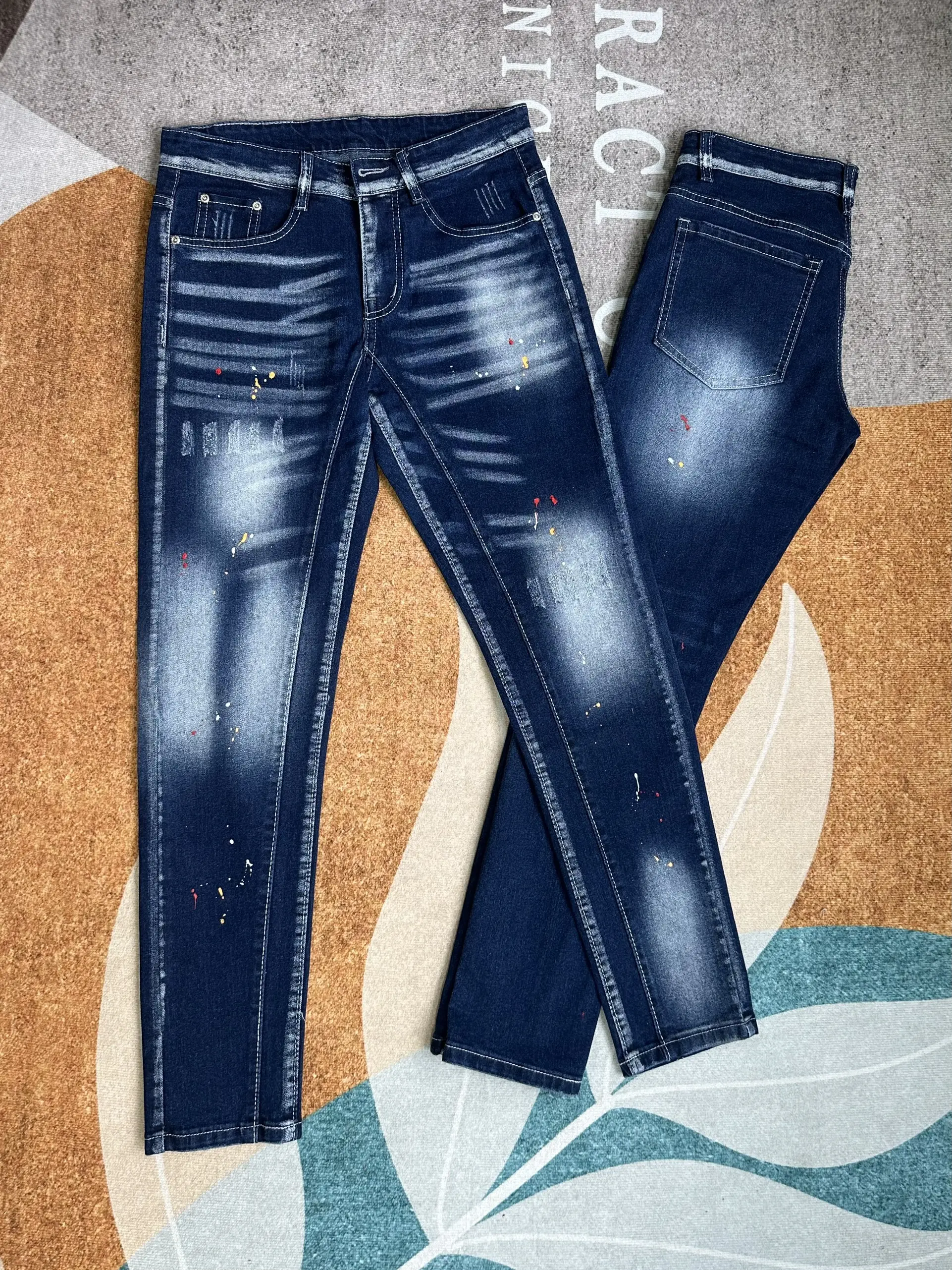QUẦN JEANS NAM 2 ĐÁY XANH DÀI CO GIÃN PHẨY SƠN TRẮNG ĐỎ VÀNG TRƯỚC SAU, CHẤT JEANS BÒ DÀY ĐẸP CHUẨN FORM Menswear Denim Pants Có Túi