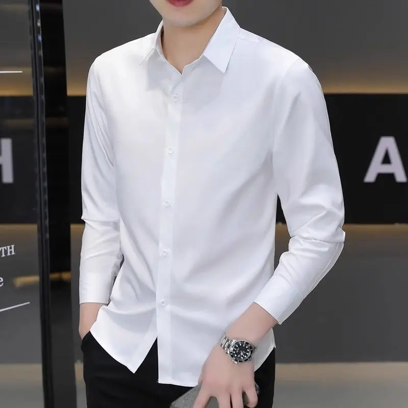 Men's Long Sleeve Shirt for Spring and Autumn, Solid Color Business Formal Wear, Non-Iron, Wrinkle-Resistant, Stretchy, High-End Feel