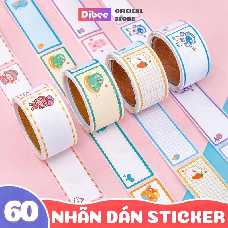 Nhãn dán ghi chú DiBee, cuộn 60 nhãn dán đa năng họa tiết hoạt hình, nhãn dán vở, bảng tên tiện lợi ND99