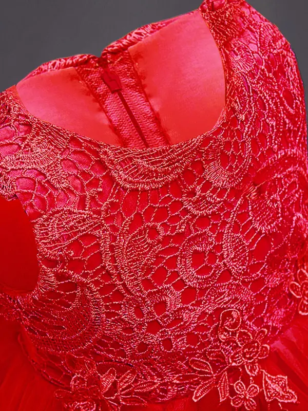 Girl's Contrast Lace Appliques Big Bow Decor Tulle Dress, Elegant Sleeveless Round Neck Midi Dress for Party Performance Wedding Guest, Kids Clothes for All Seasons 3