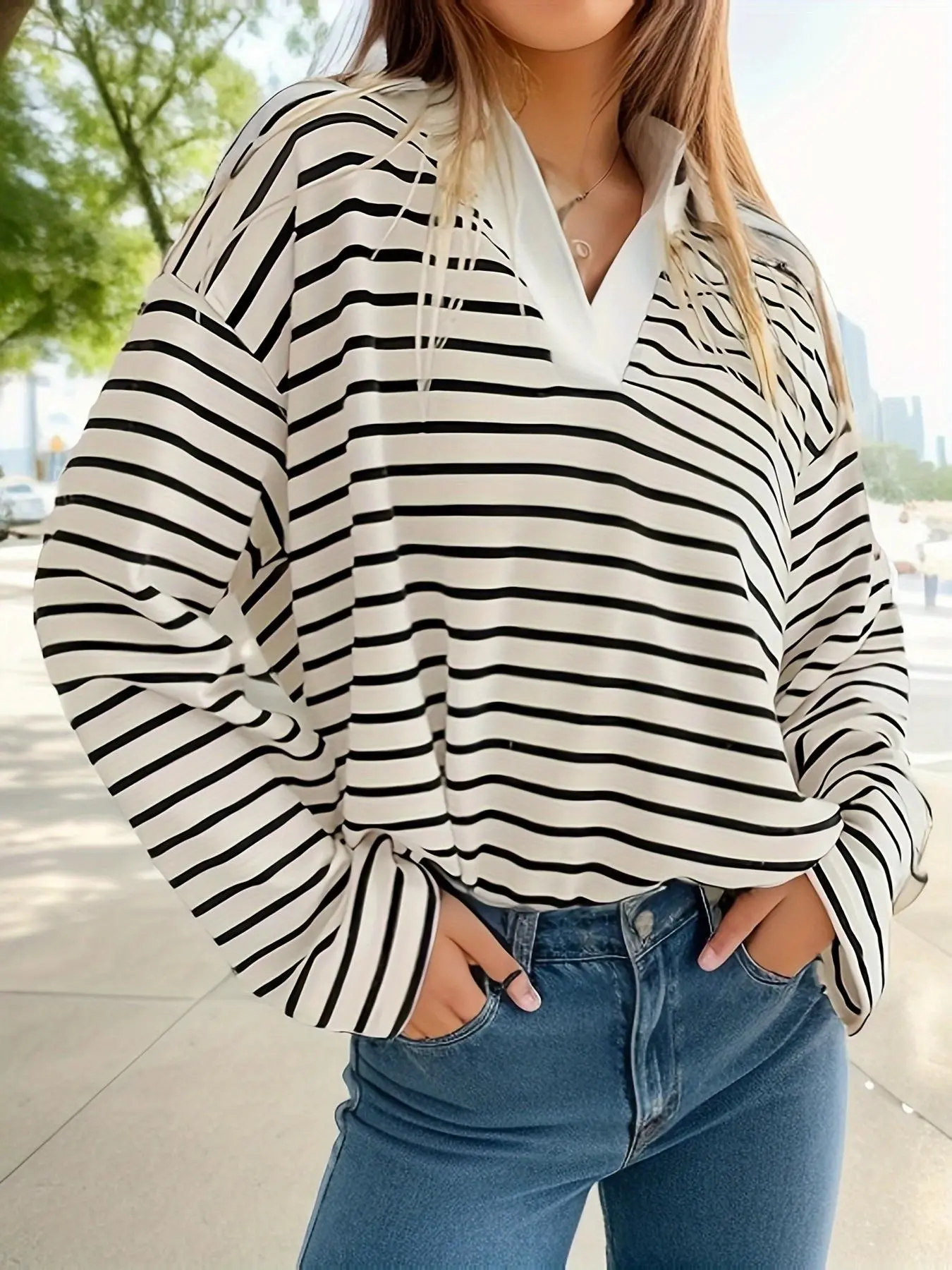 【Plus Size】 Striped Print Polo Neck Tee, Casual Long Sleeve Top for Daily Wear, Women's Clothing for All Seasons