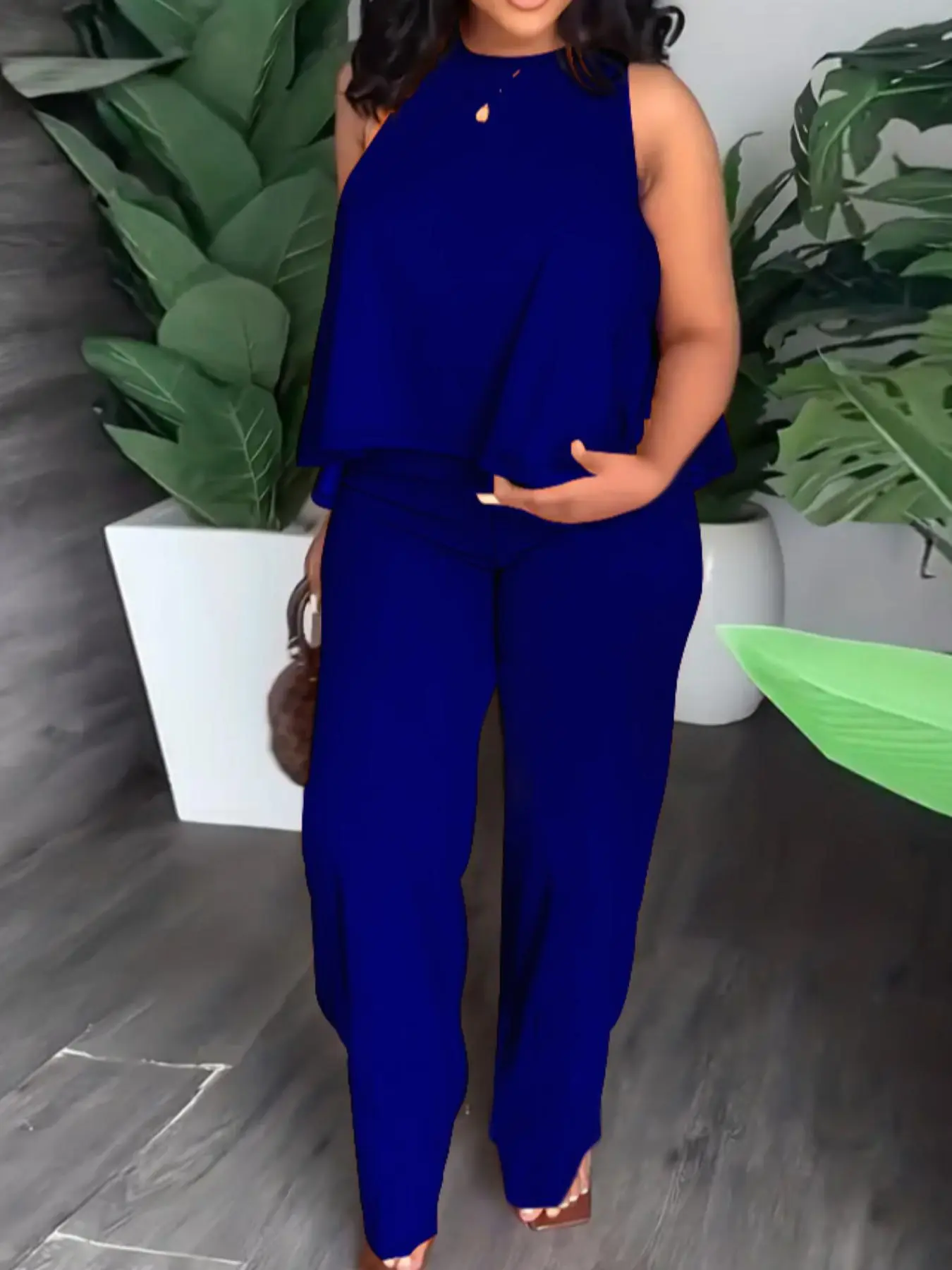 【Plus Size】 Two-piece Set Solid Color Tank Top & Wide Leg Pants Set, Casual Sleeveless Top & Trousers for Holiday Daily Wear, Women's Two-piece Outfits for Summer