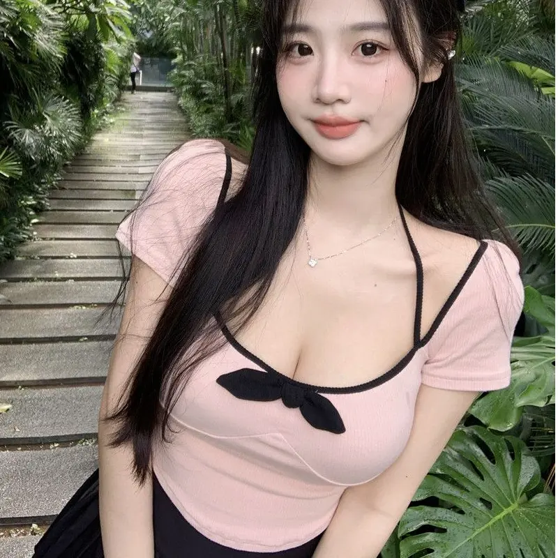 Áo Phông, Thiết Kế Nơ Dễ Thương Và Gợi Cảm, Cổ Chữ U, Hở Rốn, Dành Cho Nữ, Mặc Mùa Hè, Áo Ngắn Tay, Ngắn Cắt, Cắt Thấp, Áo Sơ Mi Lớp Cơ Sở Bó Sát