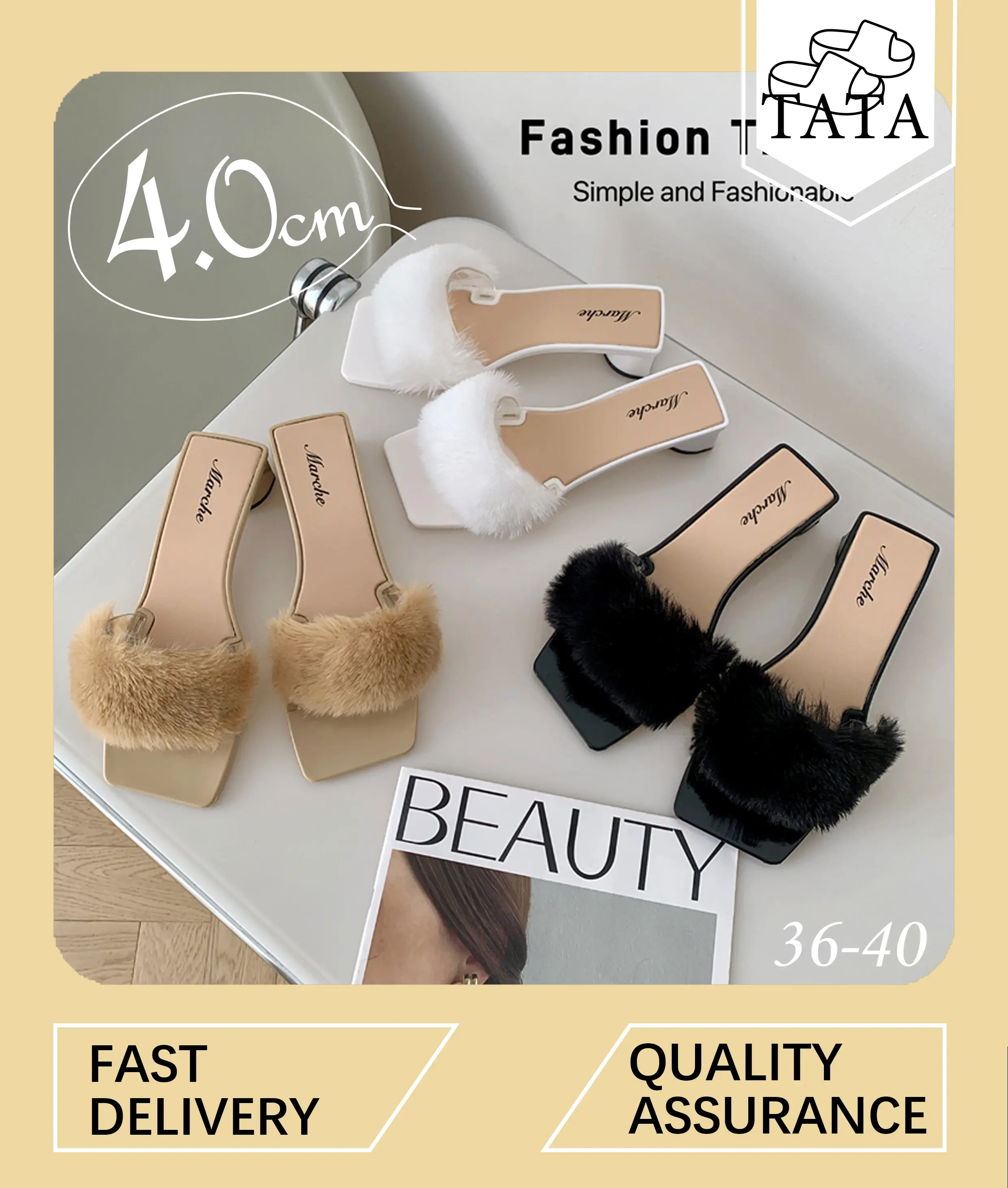 Tata Women's Furry Slippers with Middle Heels and One Strap Design - Prefect for Summer Outerwear New Korean Version