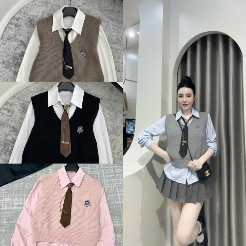 Set áo len gi lê và áo sơ mi kèm cà vạt freesize dưới nhiều màu  Nữ Women Dài Tay Kem Top