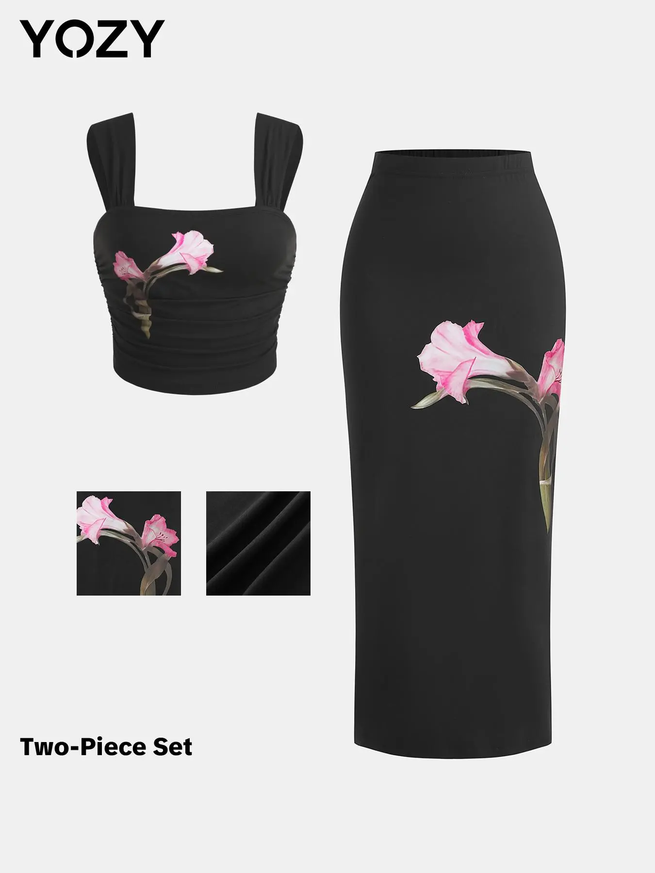 YOZY Women's Floral Print Crop Top & Bodycon Skirt Two-piece Set, Casual Fashion Square Neck Top & Long Skirt for Daily Outdoor Wear, Ladies Clothes for All Seasons