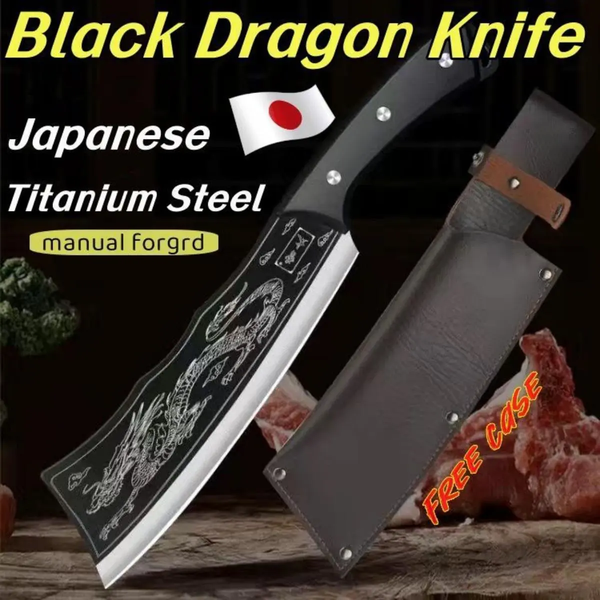 Black Dragon Knife Japanese Titanium Steel Version kitchen knife mongolian sharp cooking knives meat cutting bones butchers knife heavy duty slicer sets stainless steel chef original eurochef beef boning  cleaving kinfe tools kitchen accessories Wooden