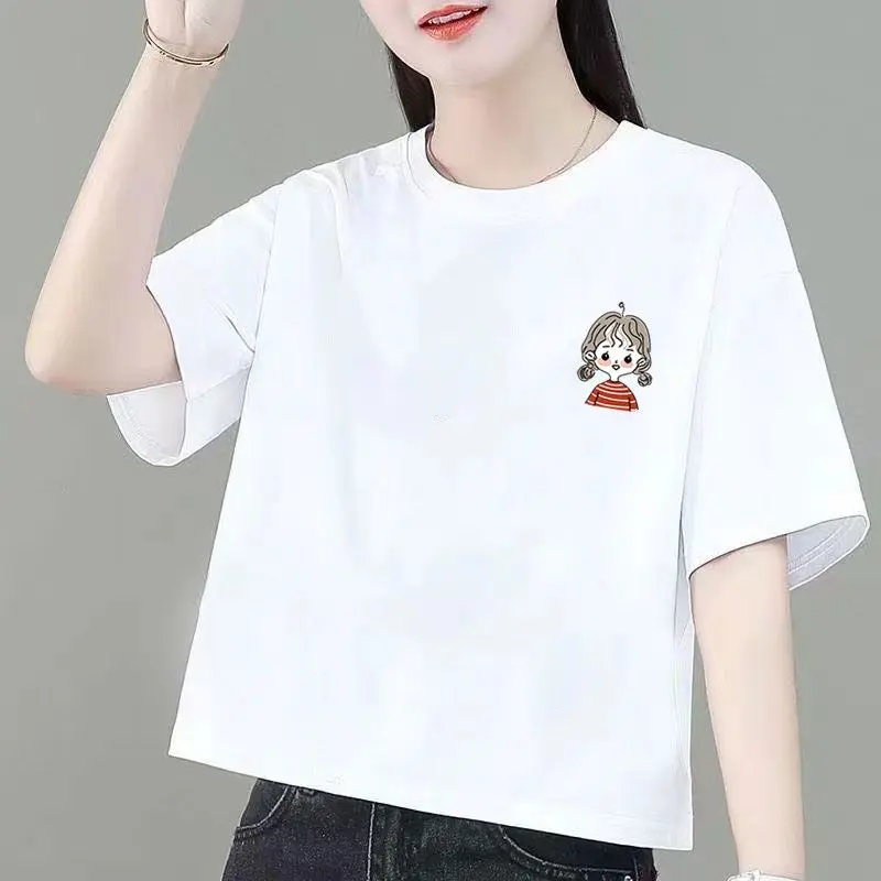 Áo Thun Ngắn, 100% Cotton, Dành Cho Nữ, Phong Cách Hàn Quốc, Dáng Rộng Vừa Vặn, Thiết Kế Ngủ Ngắn, Hàng Mới Về 2024, Áo Thun Cạp Cao 1