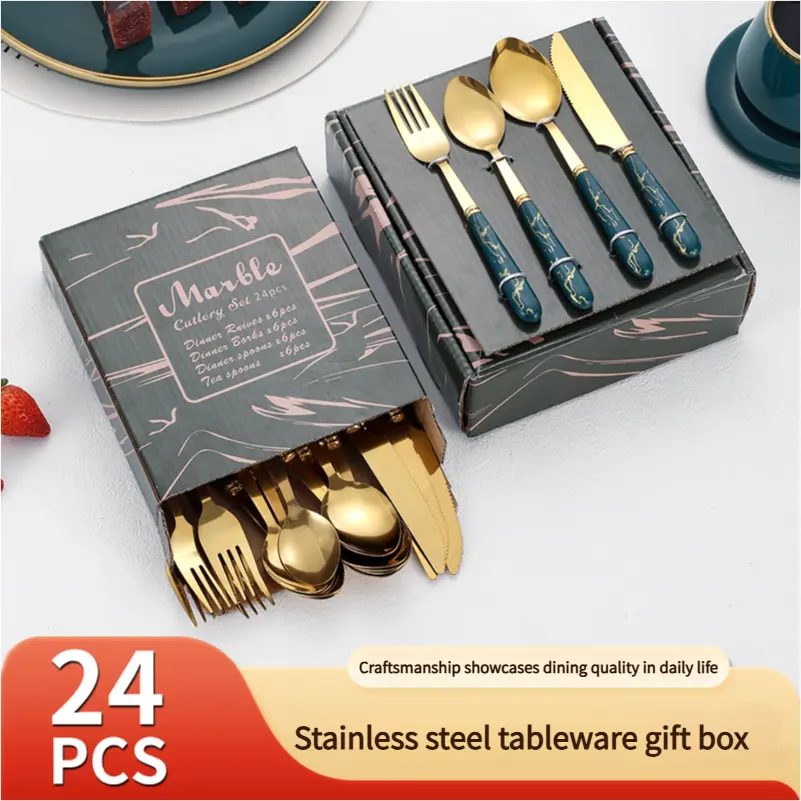 Stainless Steel Knife, Fork and Spoon 24-Piece Gift Box Hotel Marbling Handle Steak Knife and Fork Dessert Spoon Fruit Fork Cutlery Tableware