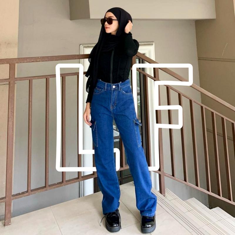 Highwaist Jeans Cargo Loose Hangover Vol.2 - Celana Cargo Jeans Premium Tebal Kekinian Wanita Panjang Cewek Denim 3
