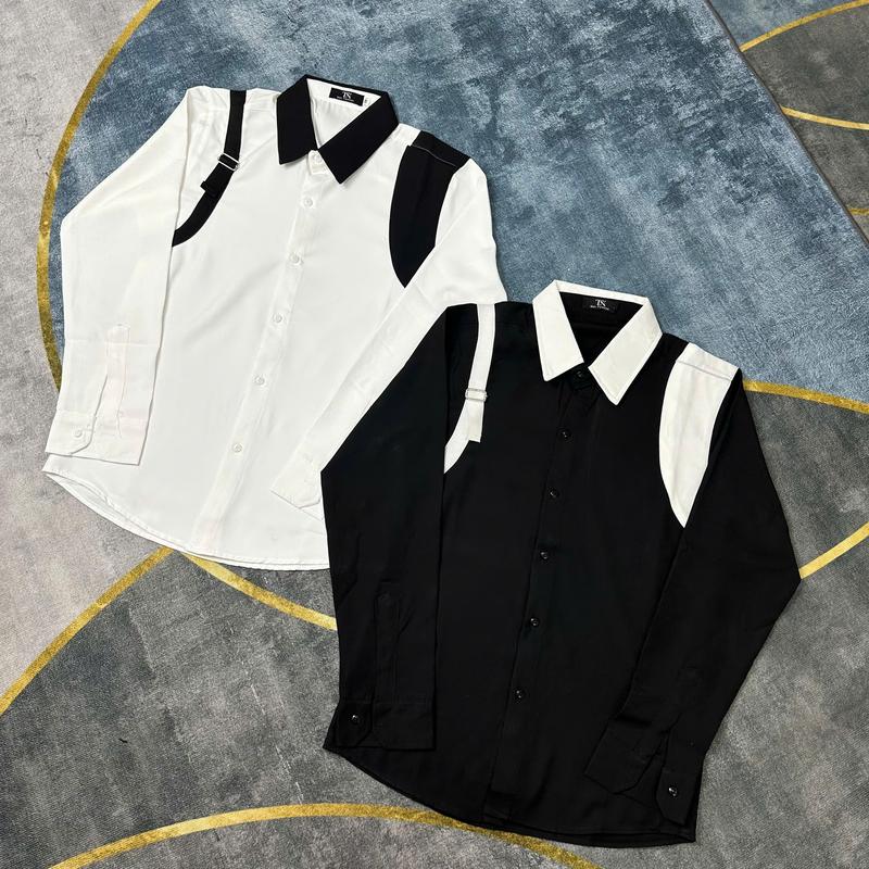 Áo sơ mi nam tay dài mẫu mới phối dây Đai viền vai chất vải mền mịn Menswear Cổ Tròn