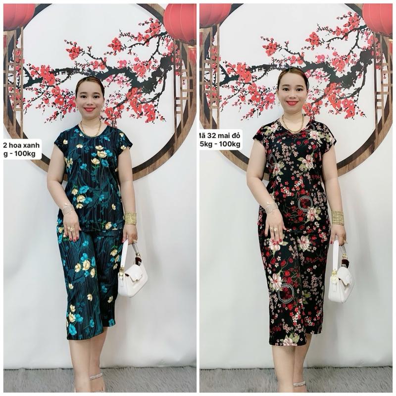 Bộ đồ bông tay ngắn cổ tròn quần lửng ống rộng Mã 32, chất liệu vải thun Hàn Quốc, thấm hút mồ hôi, size 45kg đến 100kg - Nữ, Women xl đội hình màu tím nhạt đen đính nơ cúc một cỡ đồ trang trí riêng biệt-miao silve