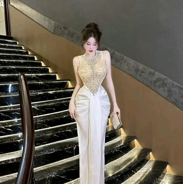 đầm body dài đính đá xếp hong dự tiệc 4