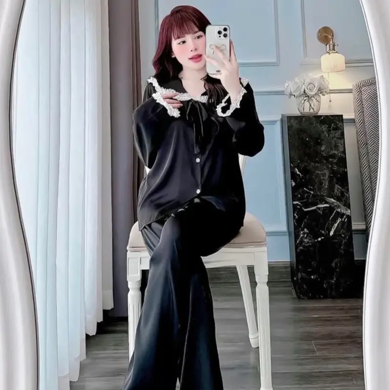 Sét bộ lụa dài, cổ bèo phối ren tiểu thư , tay loe 4