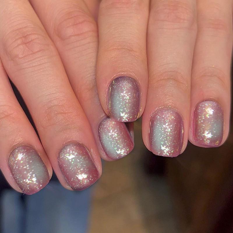 Glitter Smudge Fake Nails, 24pcs Glossy Irregular Shaped Short Press on False Nails & 1 Sheet Tape & 1 Count Nail File for Women & Girls DIY Nail Art, Effortless Manicure Set, Christmas Gift 0