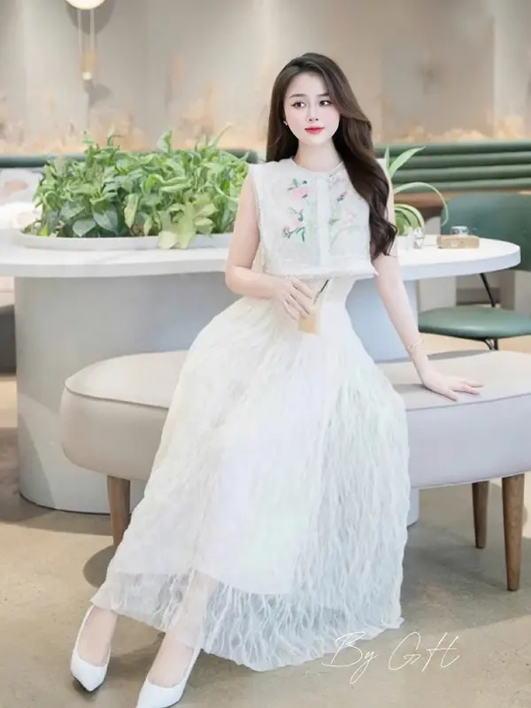 Đầm dự tiệc sát nách ren thêu tỉ mỉ, Váy thiết kế dáng dài đi bàn chất voan tua rua tiểu thư cao cấp 0