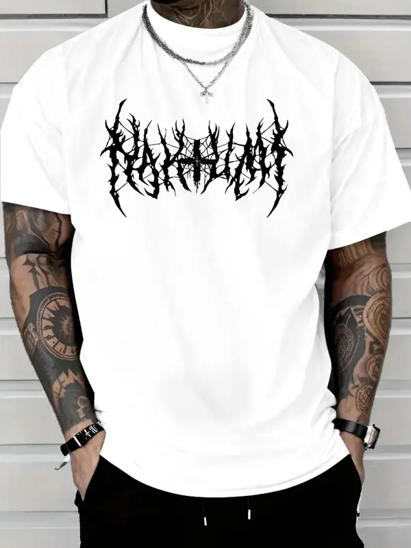Men's Gothic Style Cross & Thorns Print Round Neck Tee, Regular Fit Street Fashion Casual Comfy Short Sleeve Crew Neck T-shirt for Summer, Fashion Men's Top for Daily Wear 3
