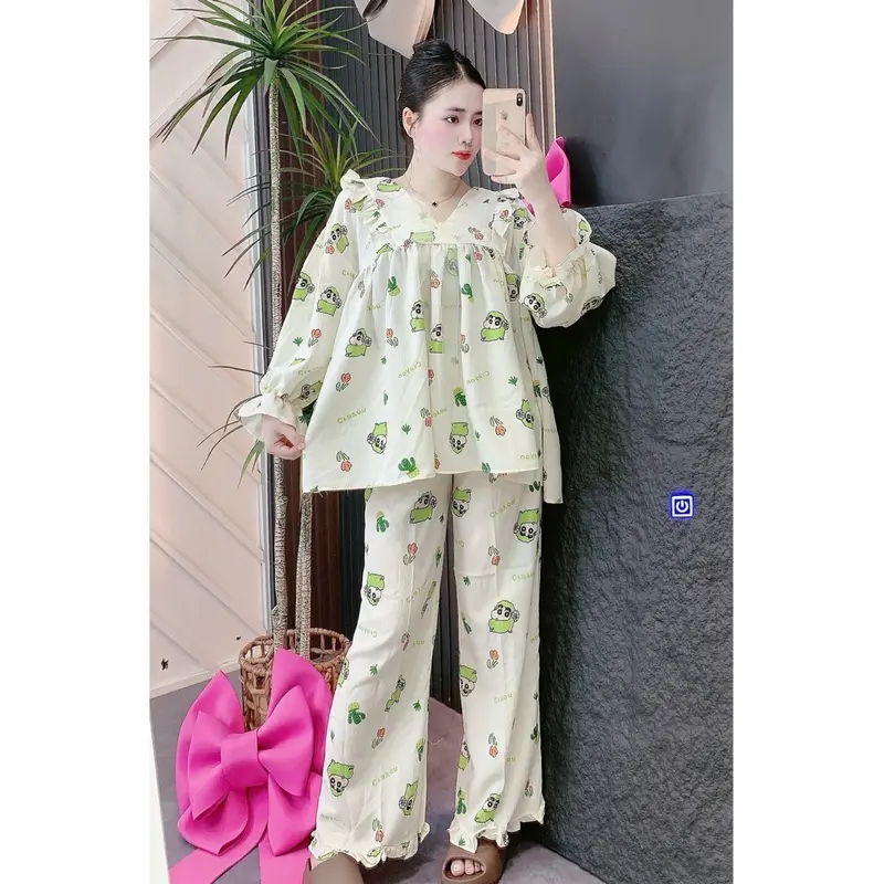 Set Bộ áo quần dài BaByDoll Đũi Xốp In hoạ tiết dễ thương . Nữ 3