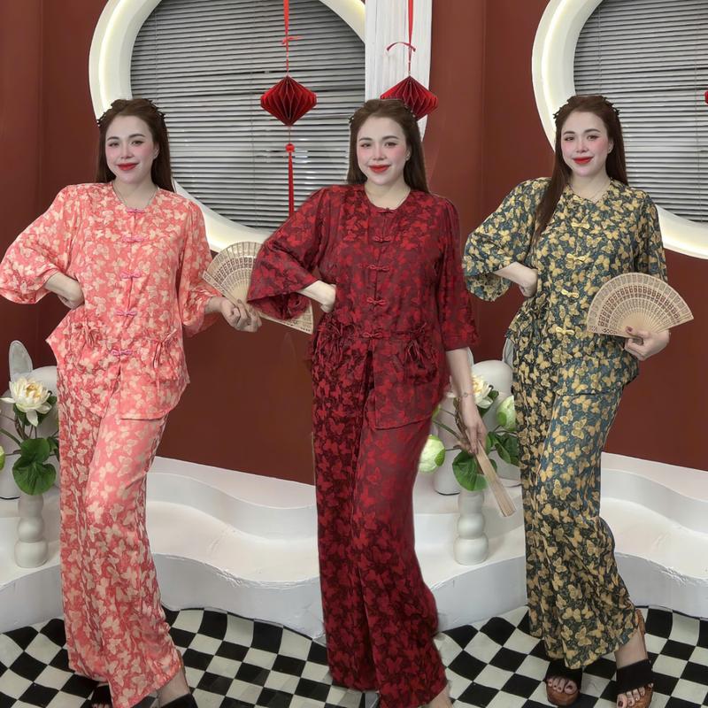Set bộ lam lịch sự trang nhã chất liệu vải lụa gấm mềm mại kiểu dáng sang trọng có 3 size dành cho nữ, đồ lam đi chùa, đồ lam mặc tết Top Áo Women