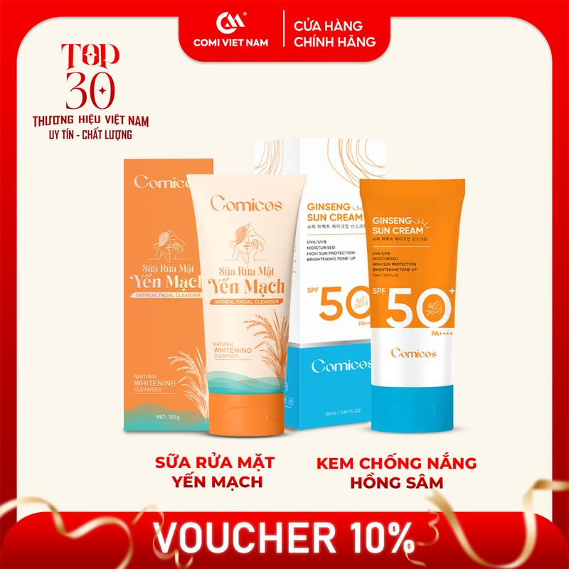 Combo Sữa Rửa Mặt Comicos + Kem Chống Nắng Hồng Sâm 6 Màng Lọc. Skincare Làm Đẹp Da Serum