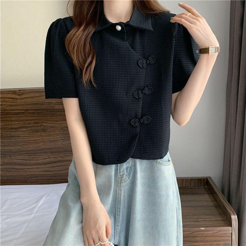 Product Introduction of Cheongsam Button Polo Collar Short-Sleeved Shirt Women's Summer 2025 New Design Sense Niche High-Grade Short Shirt Fashion Top Womenswear Blouse Lingerie Casual Comfort Basic Collared Minimalist 7
