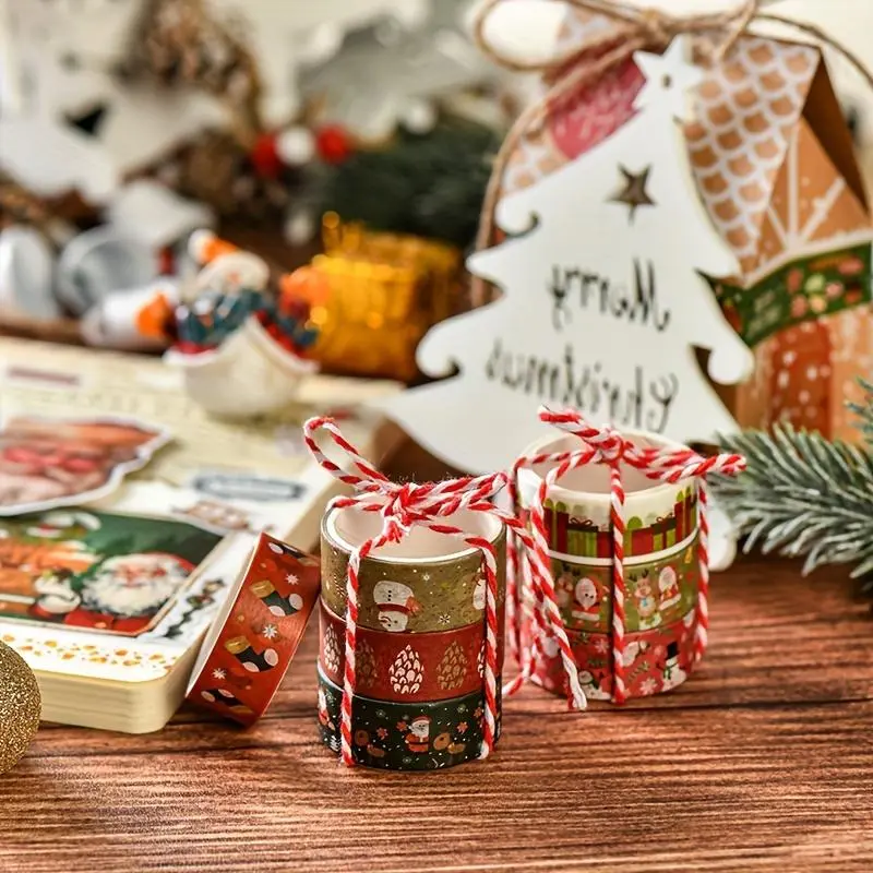 Vintage Christmas Themed Washi Tape Set, 6 Rolls/box Colorful Snowflake & Elk & Tree Pattern Decorative Tape, DIY Decorative Tape for Gift Wrapping 3