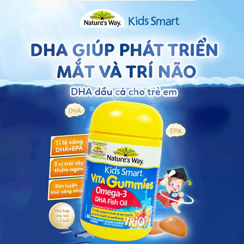 Kẹo Dẻo  Natures Way  Kids Smart Vita Gummies Omega-3 DHA Fish Oil Hỗ Trợ Phát Triển Não Bộ Và Thị Lực Cho Bé - Hộp 60 viên - Bổ Sung Vitamin Và Khoáng Chất Cho Bé