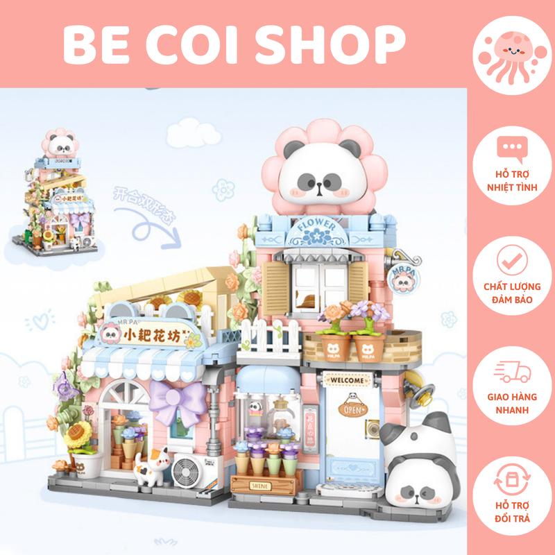 Tặng đèn LOZ x MR. PA Đồ Chơi Lắp Ráp Mô Hình Tiệm Hoa Gấu Trúc Tháo Lắp Bộ Lắp Ráp Toy Hiện Đại nhà lắp