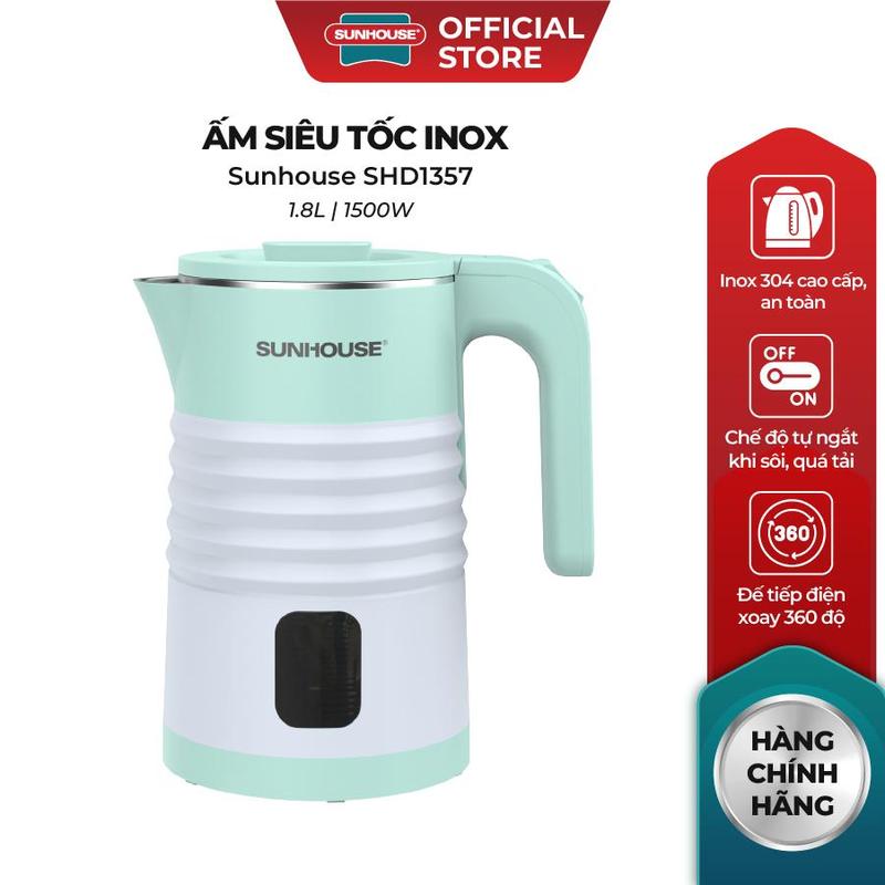 Ấm siêu tốc 1.8L Sunhouse SHD1357 -Bộ điều khiển cao cấp – Thân ấm 2 lớp chống bỏng – 1500W, đun sôi từ 4-6 phút