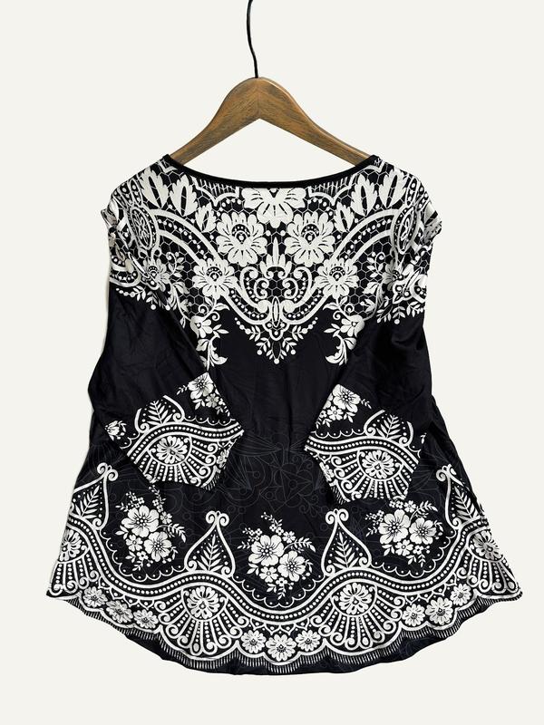 Plus Size Paisley Print Button Front Tee, Boho Notched Neck Flounce Sleeve Top for Women, Women's Plus Clothing for All Seasons 1