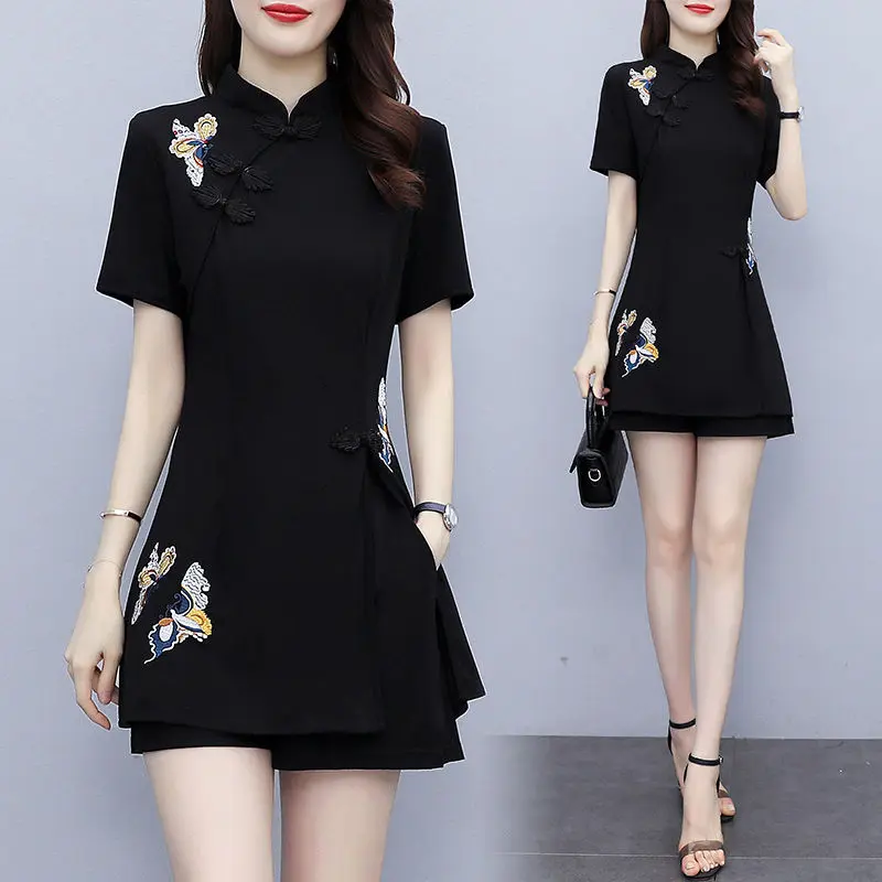 Plus Size Cheongsam Suit Women's Summer New Chinese Style Modified Retro Embroidered Top Temperament Shorts Two-Piece Set