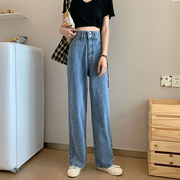 Fashion wanita Korea celana denim high waist jeans celana panjang straight pants loose celana jeans wanita retro biru