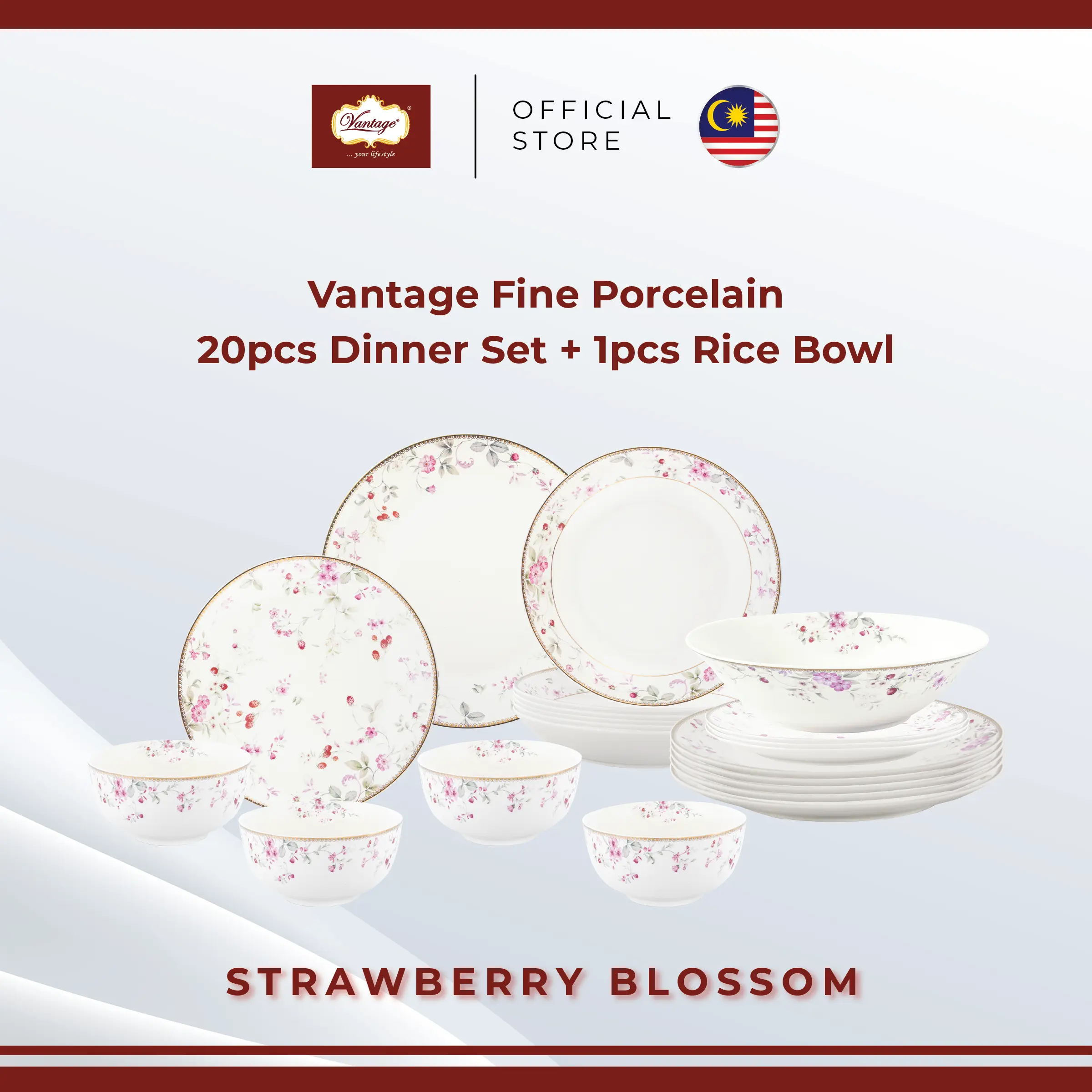 Vantage Strawberry Blossom Fine Porcelain Dinner Set (20 Pcs +1 pcs Rice Bowl-21pcs Tableware)