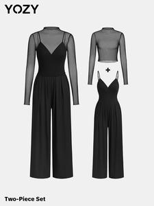 YOZY Women's Solid Sheer Tee & Cami Jumpsuit Set, Casual Long Sleeve Top & Adjustable Strap Wide Leg Jumpsuit for Daily Wear, Fall&Winter Outfits, Valentine's Day Gift for Girl