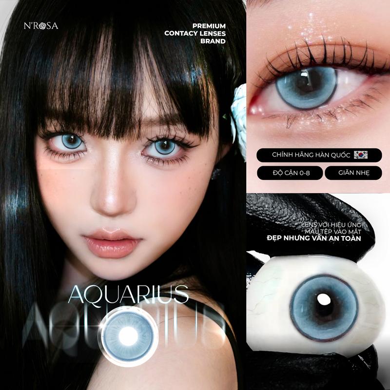 Lens xanh có độ cận 0-8 Aquarius N'Rosa cho mắt thở cao cấp Angel Eyes phân phối, kính giãn tròng xanh có viền chất liệu MPC cho mắt thở thích hợp đi chơi đi tiệc