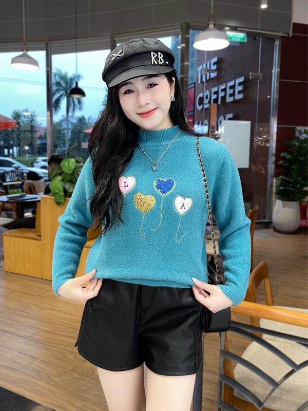 Áo len thêu 4 hình trái tim ( DÂY BÓNG )hoạ tiết chữ và đính kim sa chất len lông thỏ mềm mịn, dày dặn Eva Lover Top Nữ Dài Tay