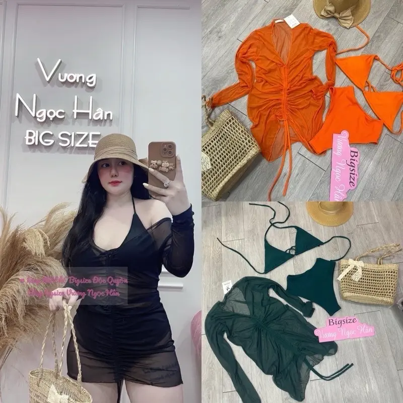60-90kg BIKINI 3 MÓN ÁO + QUẦN + áo khoác lưới đi biển sexy che khuyết điểm Bigsize Vương Ngọc Hân 0