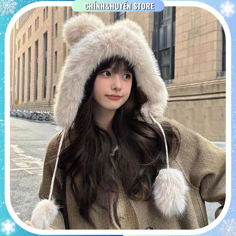 Mũ len nữ chùm đầu tai lông xù thời trang có dây buộc mùa thu đông Hat Voi