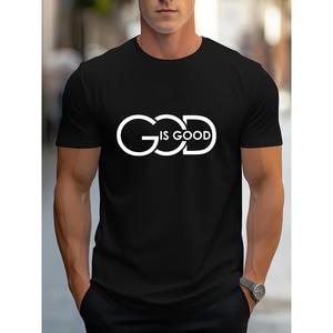 メンズトレンド服 半袖カジュアルスポーツTシャツ 夏用 ホワイトラインGODテキストプリント 快适なレギュラーラウンドネック アウトドアトップス