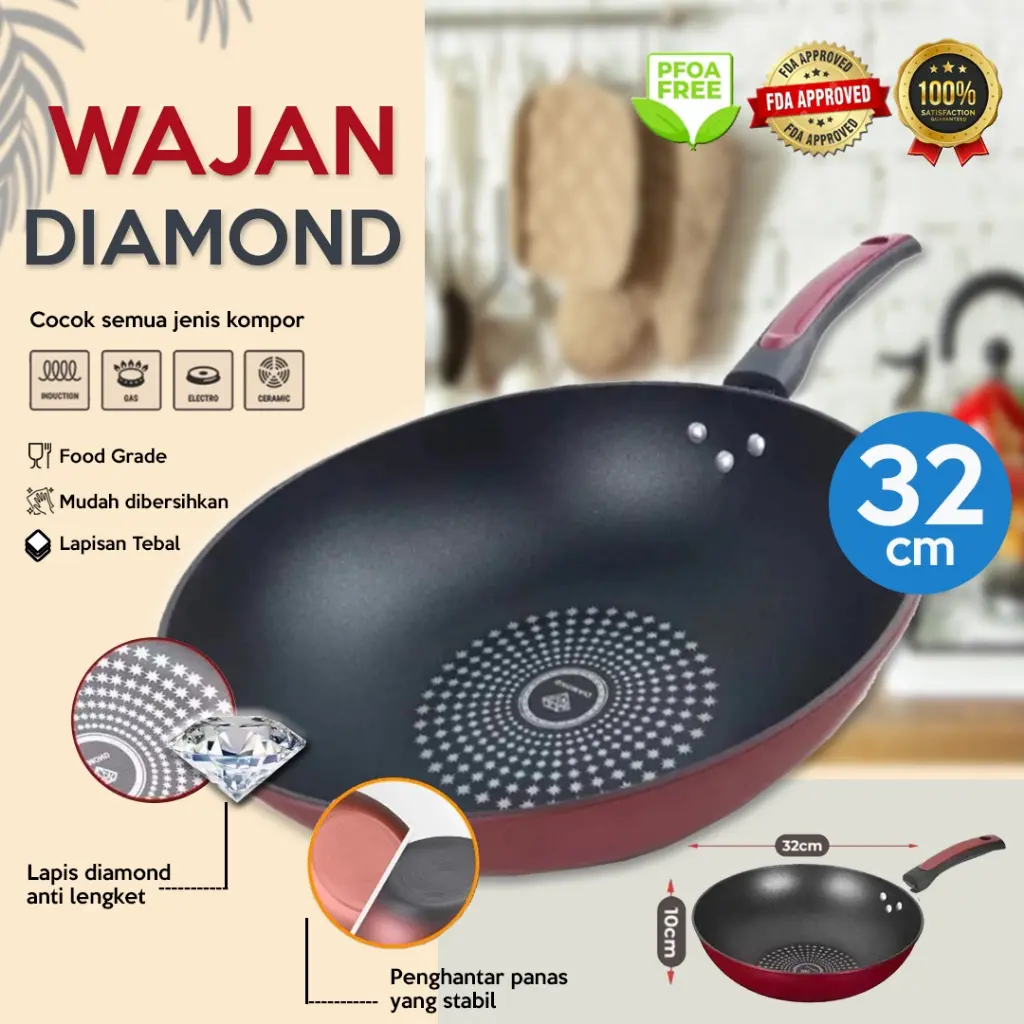 Wajan Penggorengan Diamond Wok Pan Penggorengan Batu Medis Anti Lengket 32 CM Jumbo Serbaguna COD