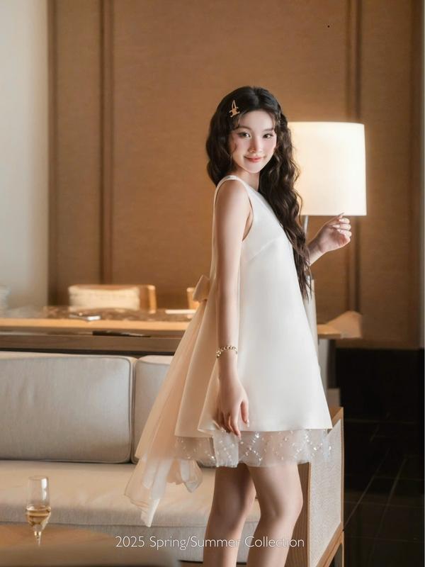 [CHOUCHOU-DOANNGANCHAU] - Đầm Nữ - Đầm Suôn Nơ Lưng - Đơn Giản - Dễ Thương Women Dress Nhung Kem 5