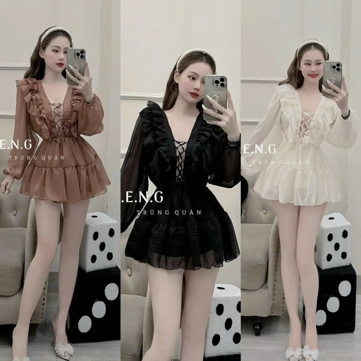 ￼Váy Tơ May Bèo Bo Chun Tay Cổ Chữ V Đan Dây Trước Ngực Điệu Đà Sexy