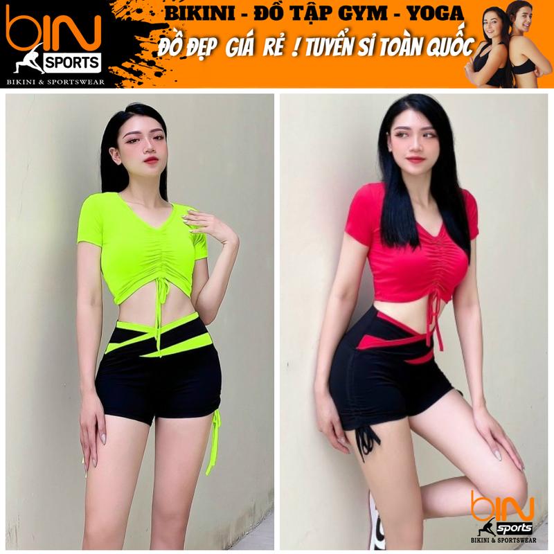  Đồ tập gym yoga aerobic thể thao nữ bao gồm áo croptop cộc tay và quần đùi phối màu cạp chéo chất liệu thun poly BN076 BINSPORTS 