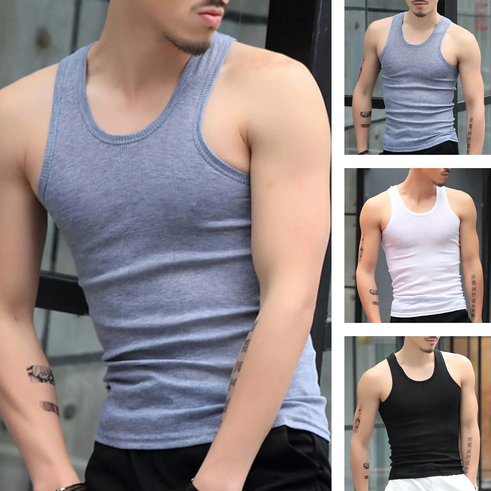 2 Pcs Men Summer Fitness Vest Solid Color Seamless U Neck Sleeveless Stretchy Soft Breathable Quick-drying Pullover Casual Men Gym Sport Tank Top