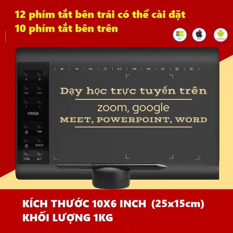 Bảng vẽ điện tử Vinsa 1060 kèm  bút  tương thích Window và Android - Phiên bản nâng cấp của Gaomon 1060 1