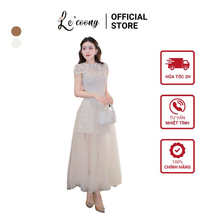 Đầm Maxi Lưới Xòe Phối Ren Thêu Nổi LECOONG V783 Đầm Thiết Kế Dáng Dài Đi Tiệc Hai Màu Nâu Be Sang Chảnh