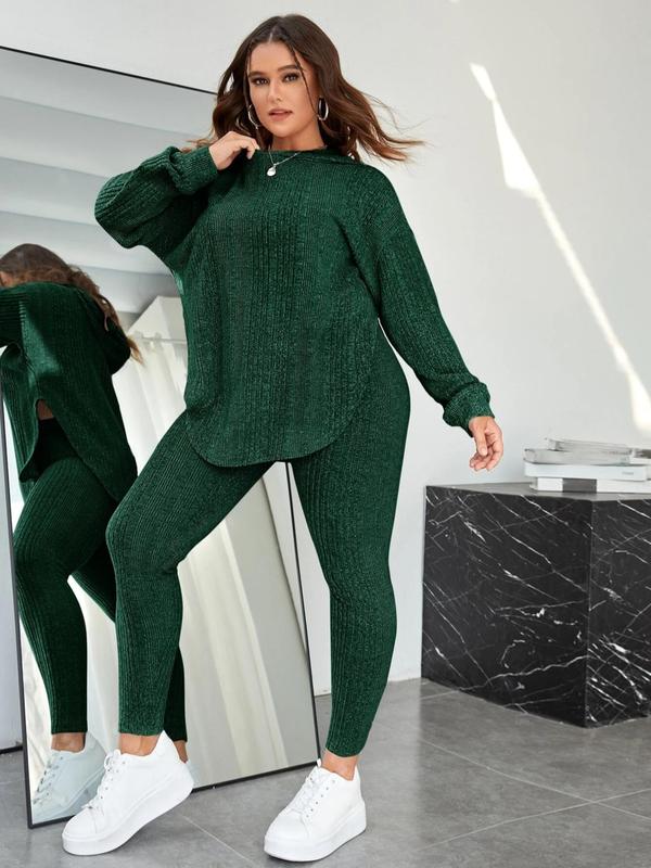 Plus Size Two-Piece Set Solid Split Hem Hoodie & High Waist Skinny Pants Set, Casual Fashion Drop Shoulder Long Sleeve Top & Trousers, Women's Two-piece Outfits 3