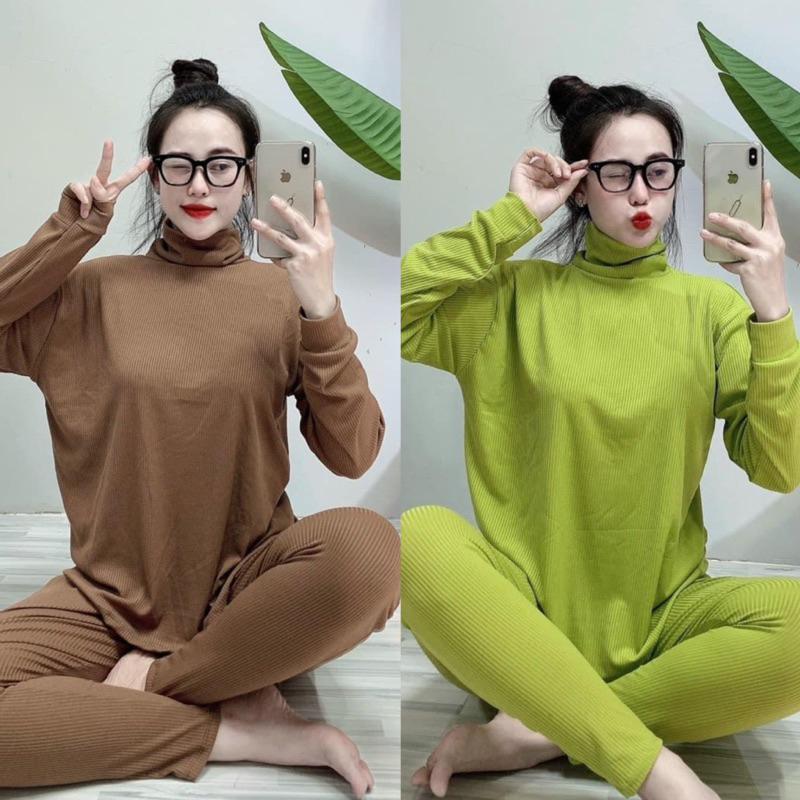 Set Đồ Nữ Bộ Nữ Ủ KEM CỔ LỌ TAY DÀI, QUẦN DÀI Thun Gân( 40kg-60kg)